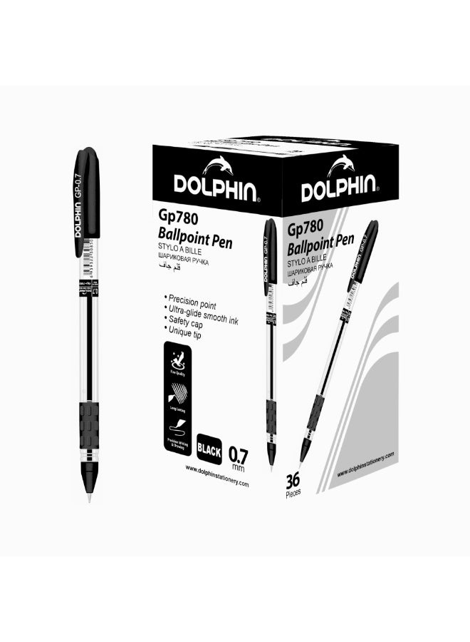 دولفين أقلام حبر جاف دولفين GP780 مقاس 0.7 مم – كتابة ناعمة بحبر أسود، أقلام مريحة للمكتب والمدرسة، عبوة 36 قلم - Image 1